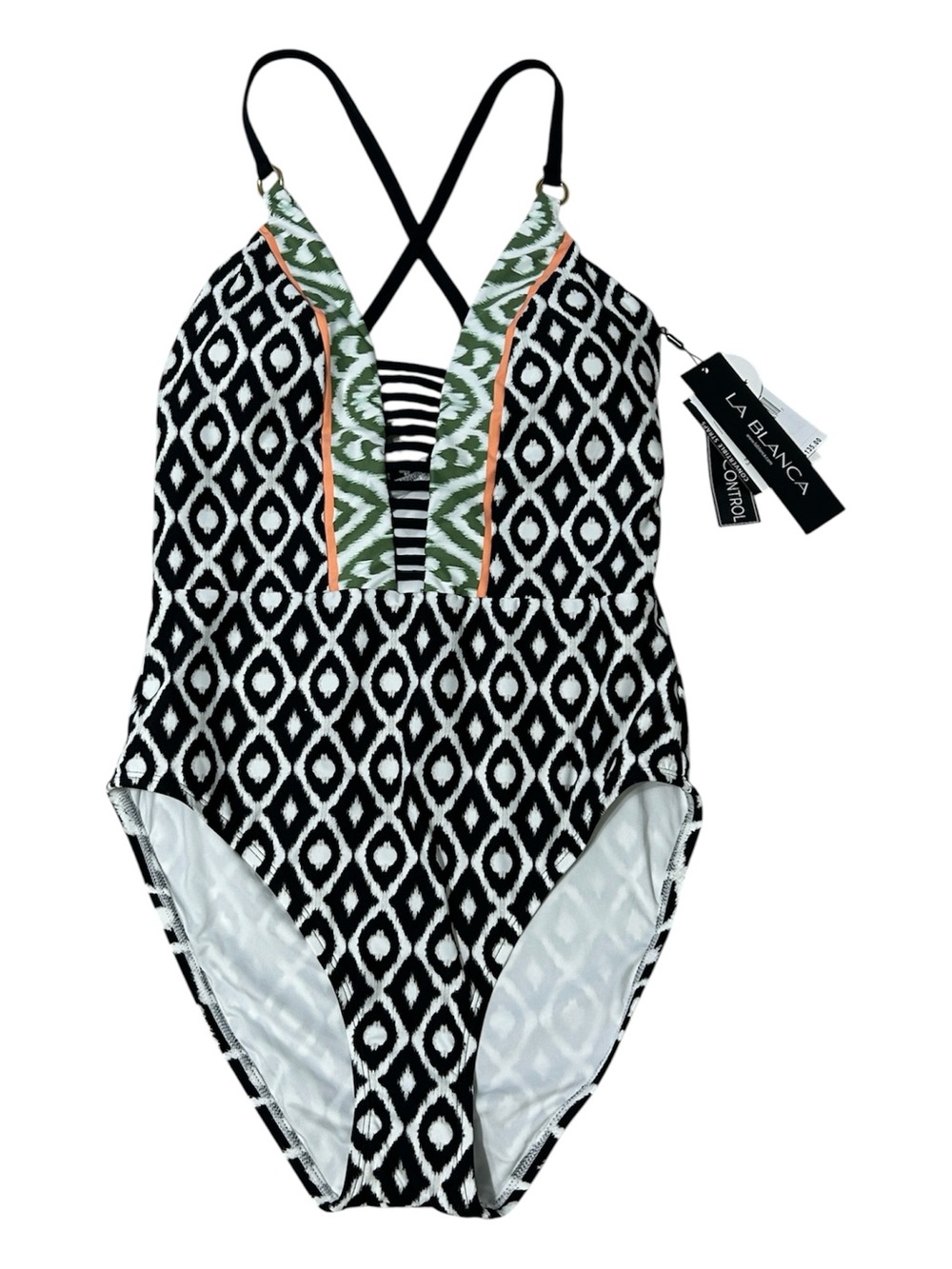La Blanca Black & White Geometric One-Piece Swimsuit with Green and Orange Trim
